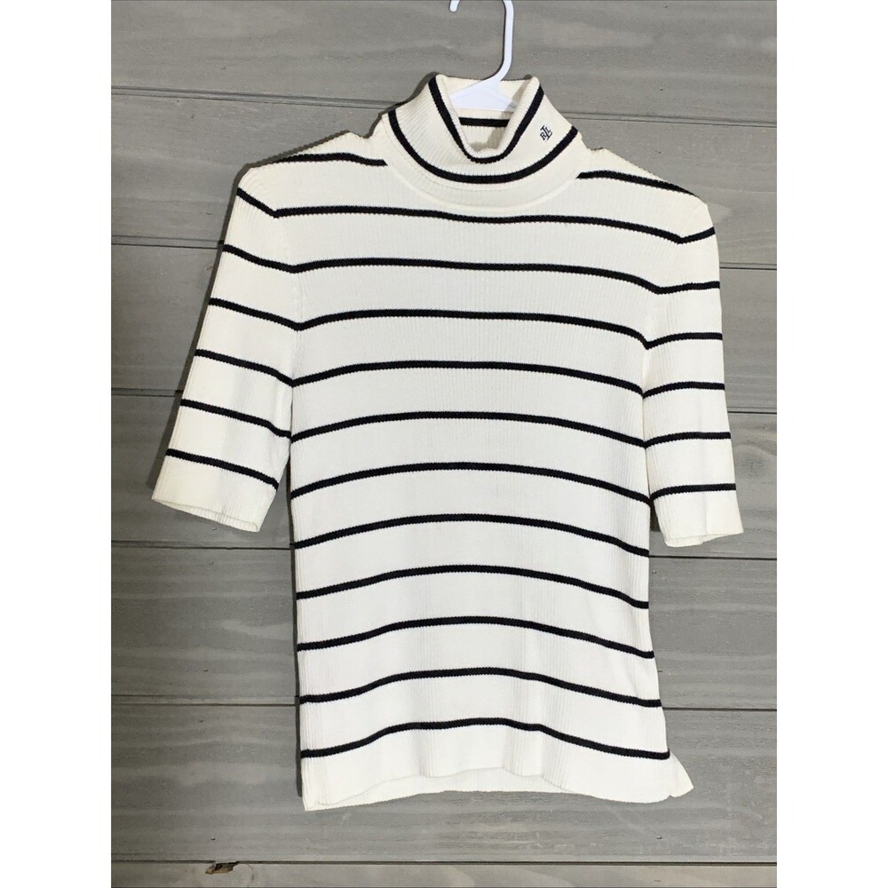 Lauren Ralph Lauren Black Ivory Stripe Short Sleeve Turtleneck Womens S Nautical - Picture 2 of 6